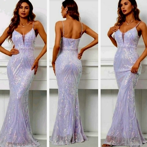 Light Purple, Graphic Print,  Sleeveless,  Backless,  V Neck,  Sequined … - Picture 1 of 16